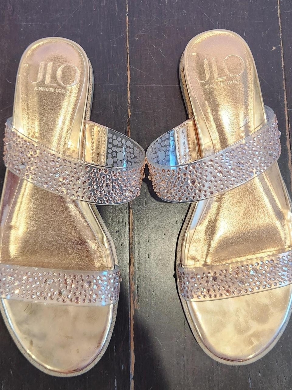 Jennifer Lopez Metallic Rose Gold Crystal Slide Sandals